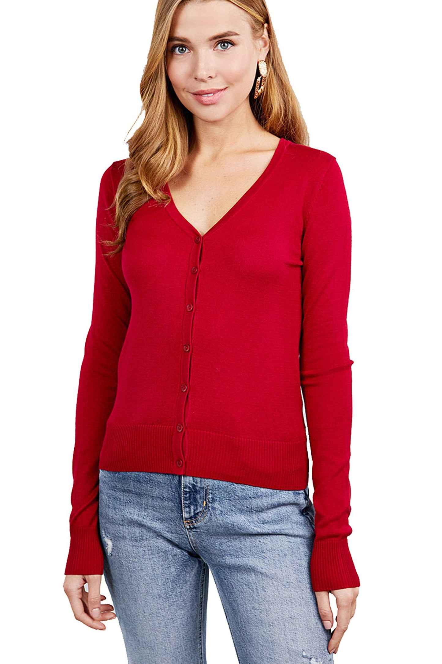 Women's Basic Long Sleeve V Neck Button Down Rayon Sweater Cardigan