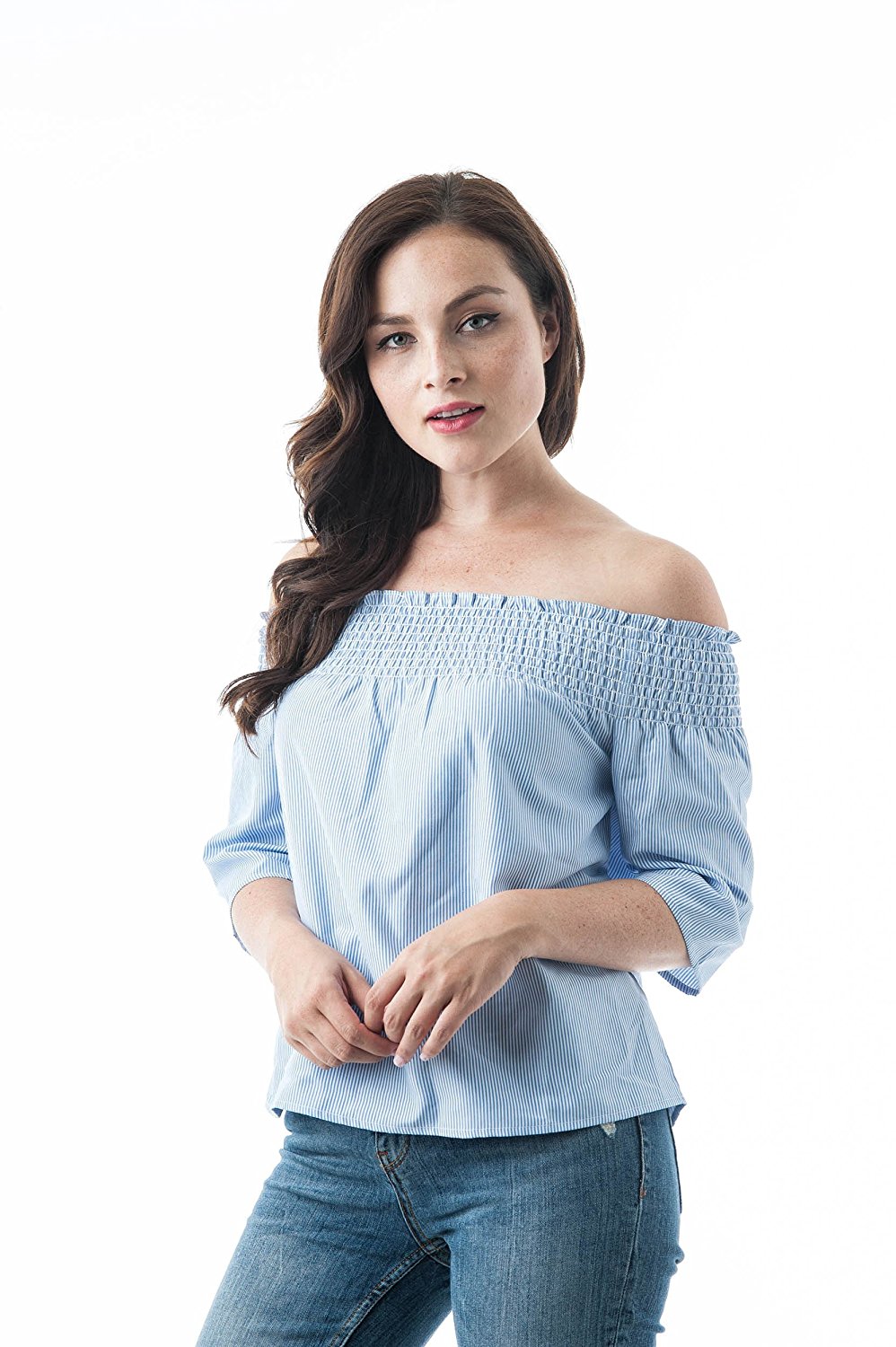 Off The Shoulder Multi Stripe Half Sleeve Ruffle Hem Top