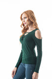 Long Sleeve Open Cold Shoulder V Neckline Cut Out Lace Up Top