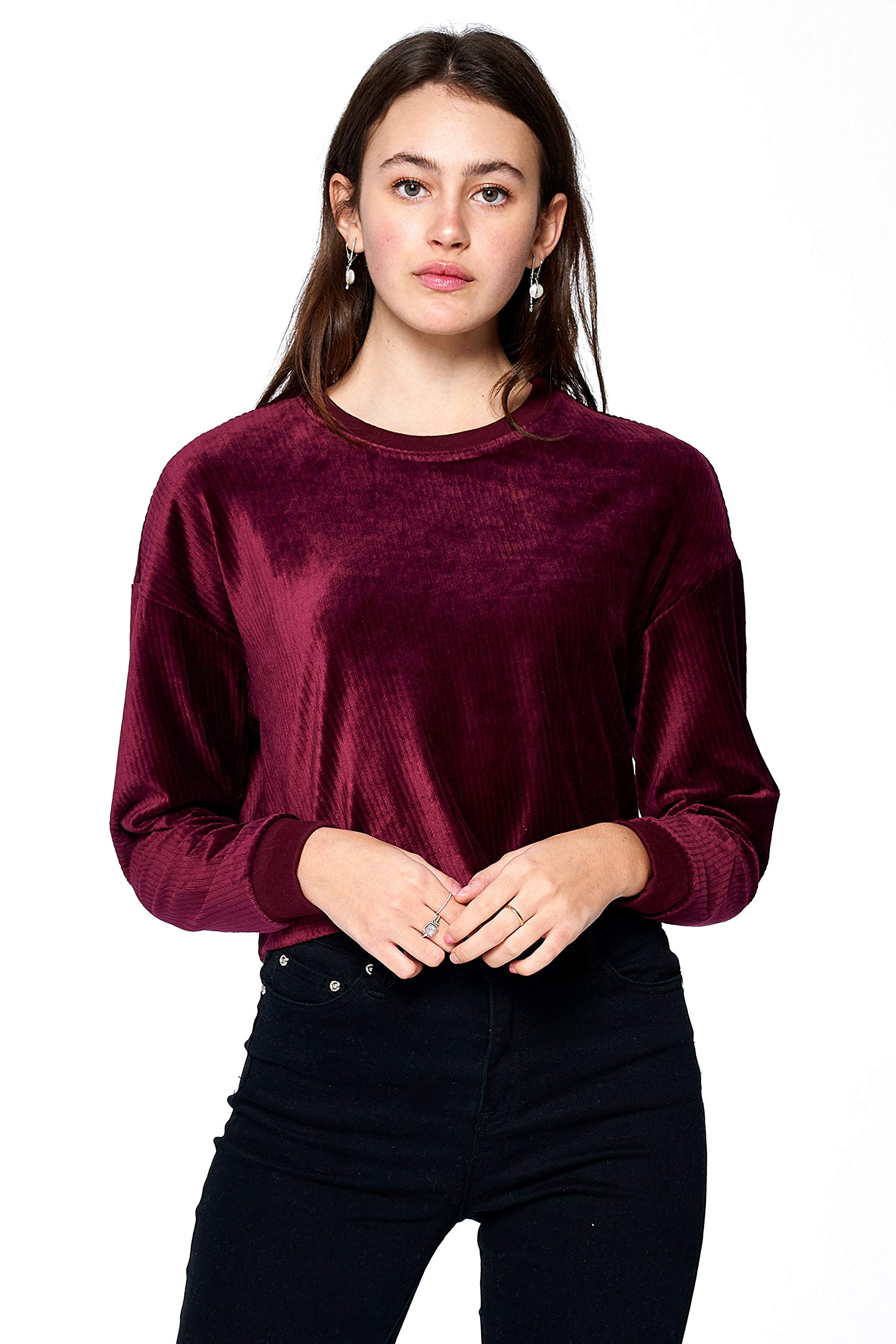 Khanomak Women's Long Sleeve Velvet Ribbed Crewneck Sweater Top
