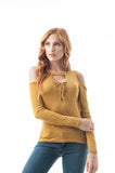 Long Sleeve Open Cold Shoulder V Neckline Cut Out Lace Up Top