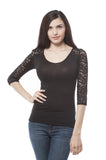 Khanomak Plus Size Crepe Span Top With Lace Contrast On Sleeve