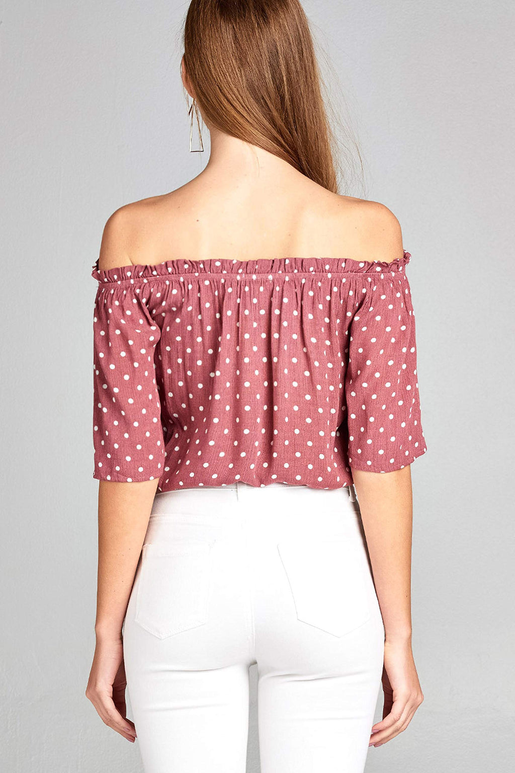 Khanomak Women's 3/4 Sleeve Off The Shoulder Loose Ruffled Polka-Dotted Blouse