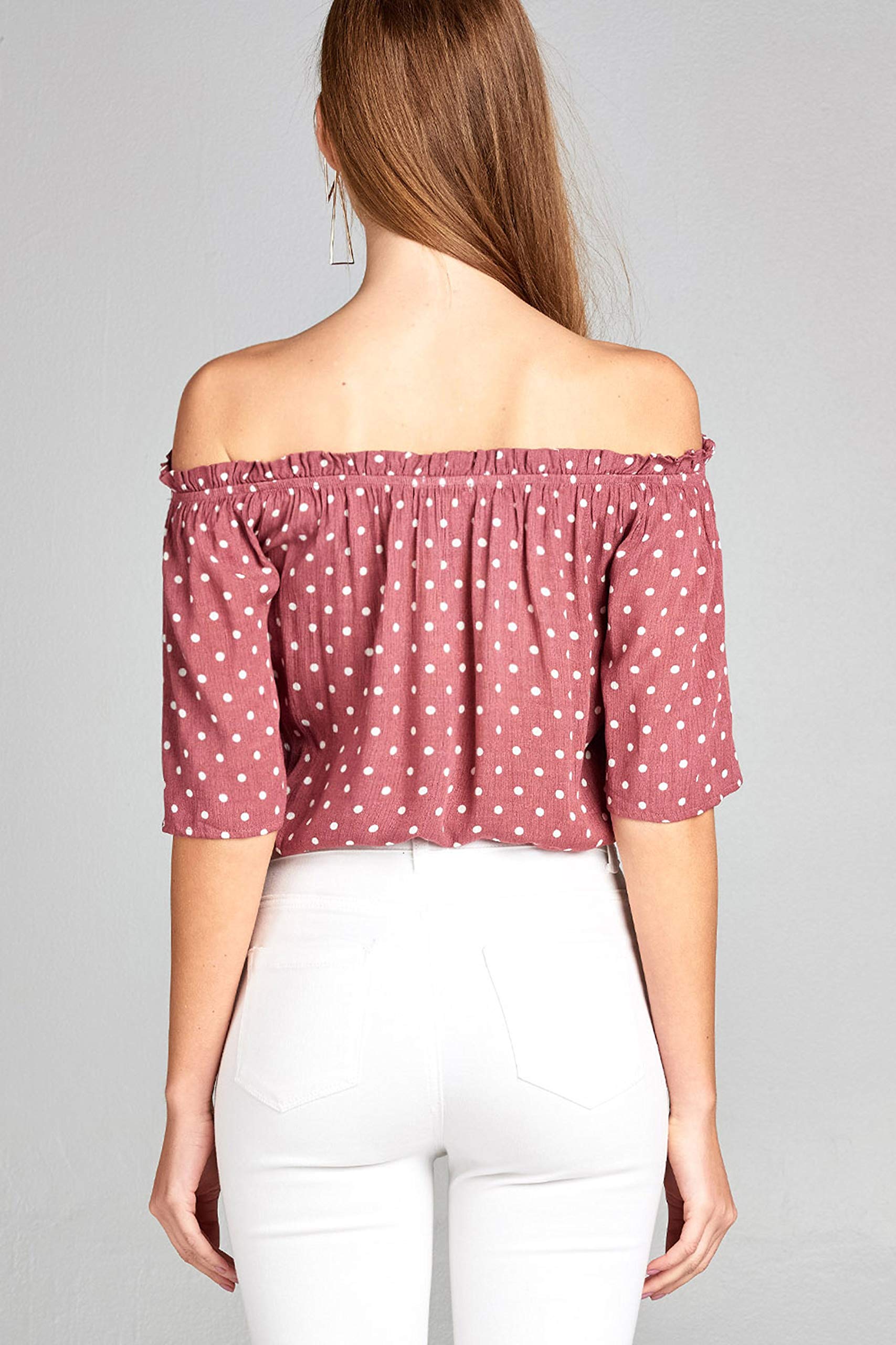 Khanomak Women's 3/4 Sleeve Off The Shoulder Loose Ruffled Polka-Dotted Blouse