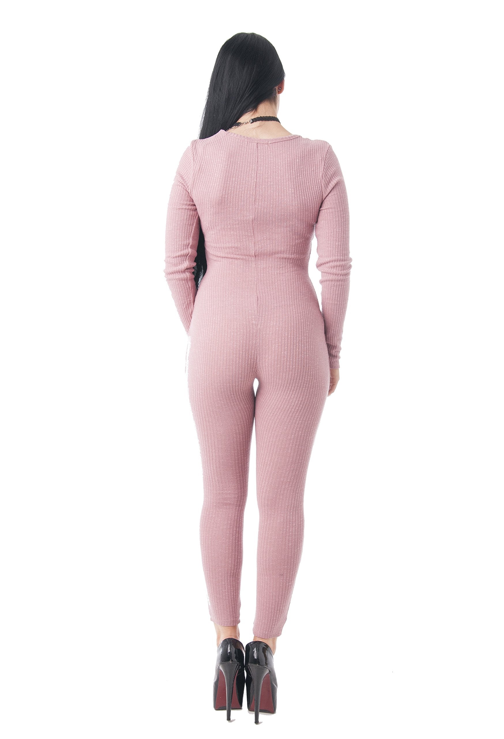 Long Sleeve Ribbed V Neck Button Up Jumpsuit