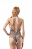 Sleeveless Halter V Neckline Sheer Back Lace Bodysuit
