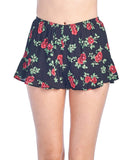 Women's Casual Basic Crinkle Floral Print Loose Light Weight Ruffle Trim Elastic Waist Shorts