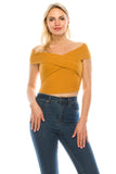 Women's Casual Cross Off Shoulder Deep V Neck Ribbed Knit Slim Wrap Short Sleeves Cross Over Crop Top