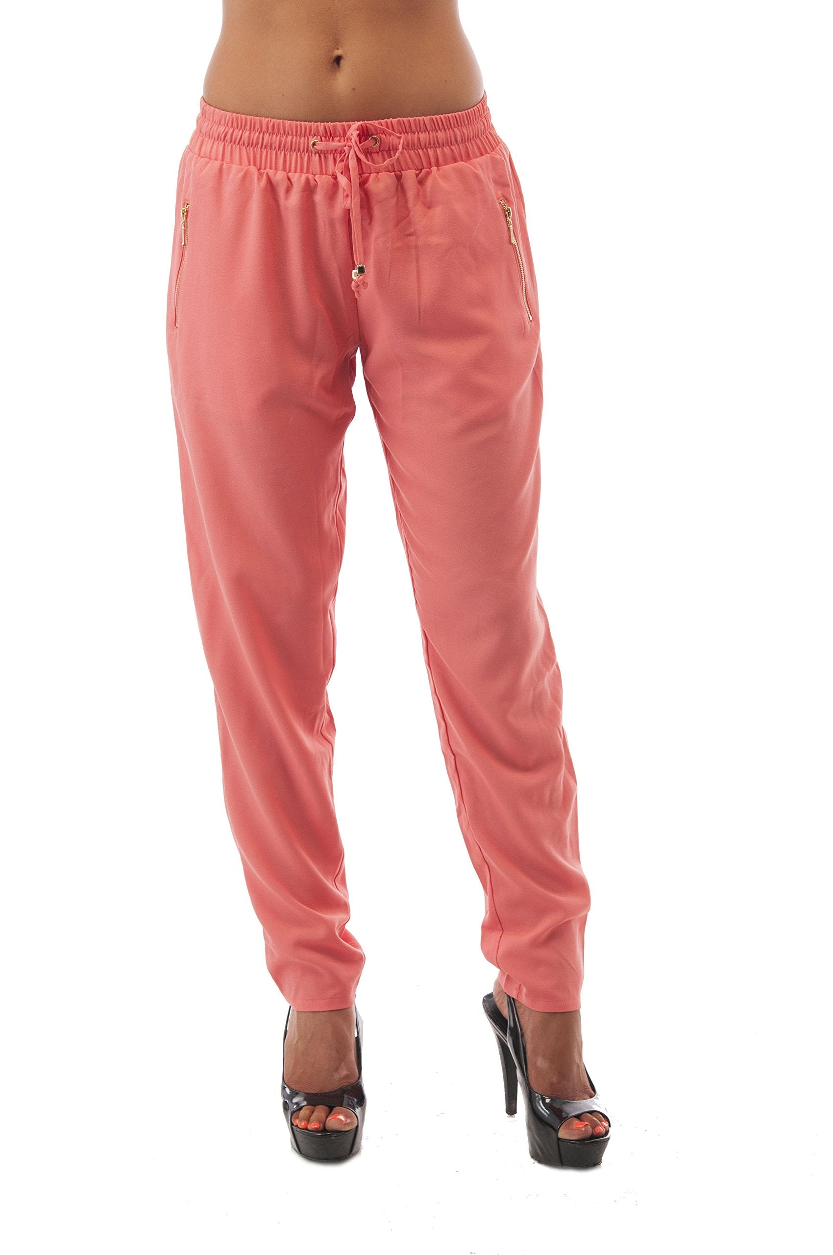 Hollywood Star Fashion Long Tapered Elastic Waist With Drawstrings Pants With Zipper Detail