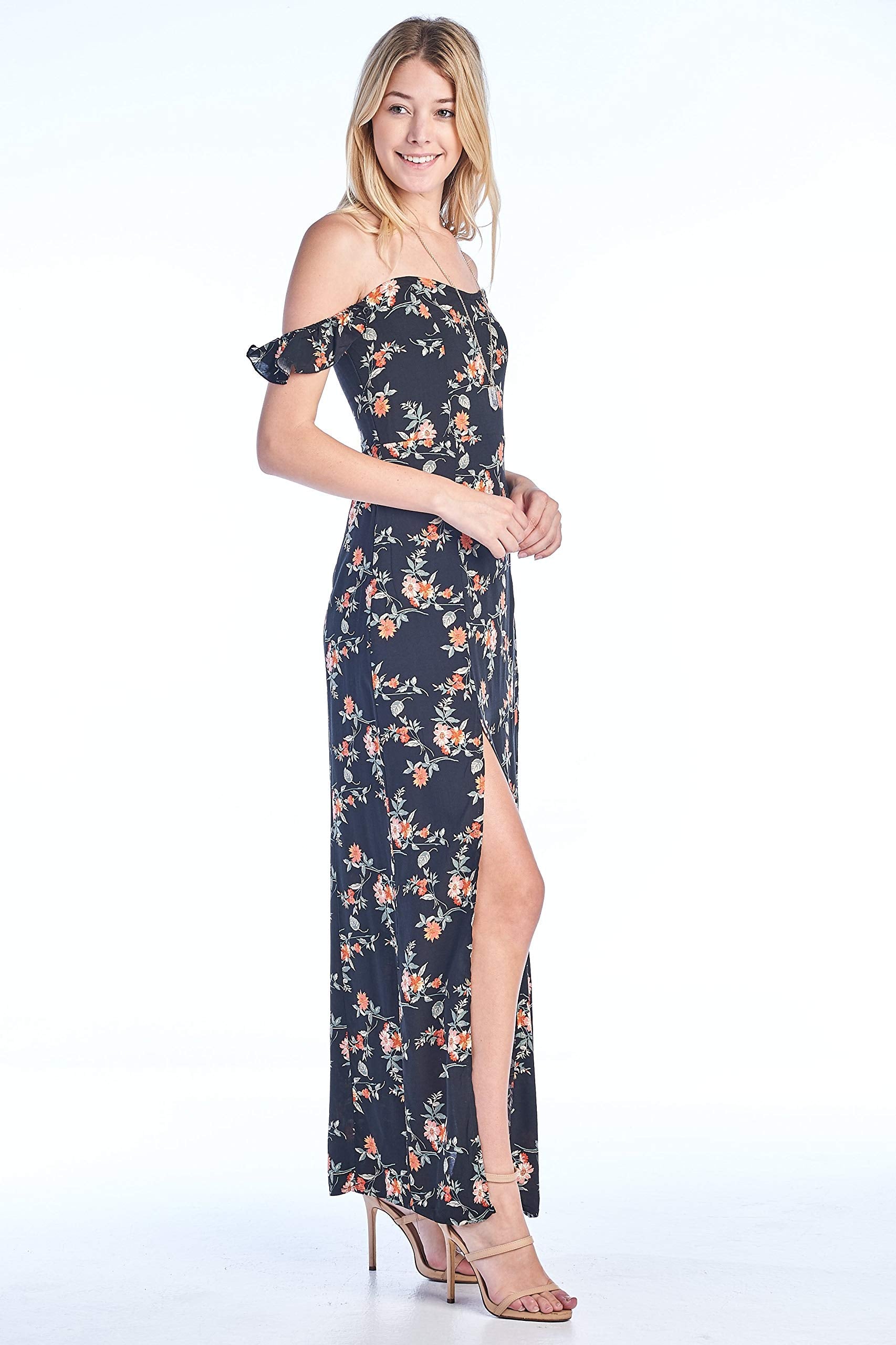 Women's Ruffle Straps Tube Off Shoulder Long Floral Print Slit Smocked Back Maxi Dress