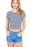 Short Sleeve Round Neck Lettuce Hem Multi Stripe Crop Top