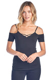 Women's Short Sleeve Plain Casual V Neck X Caged Strappy Front Open Shoulder Top