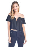 Women's Short Sleeve Flounce Swing Loose Fit Off Shoulder V-Wire Front Crop Top