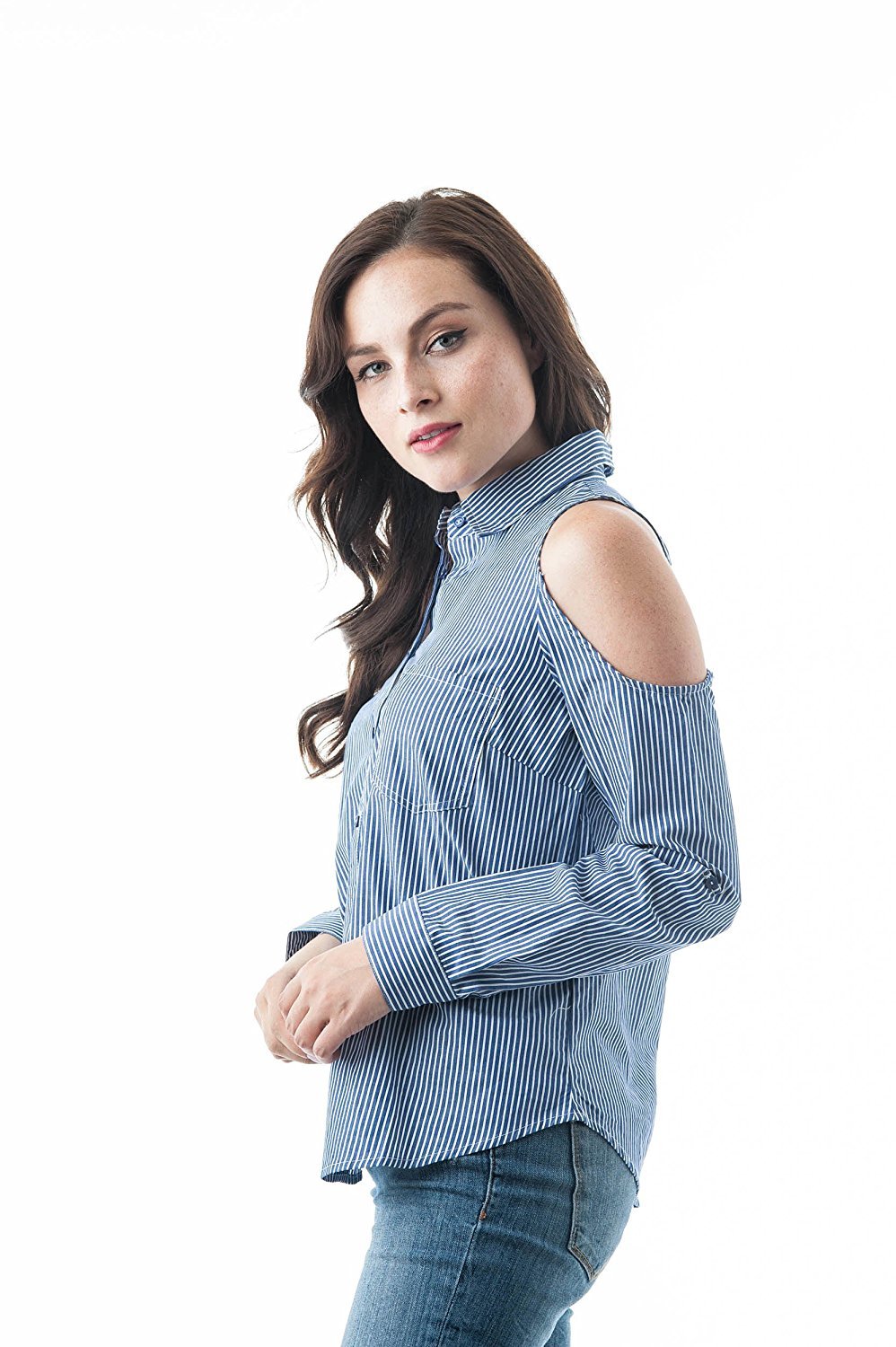 Long Sleeve Collar Button Down Cold Shoulder Striped Pattern top