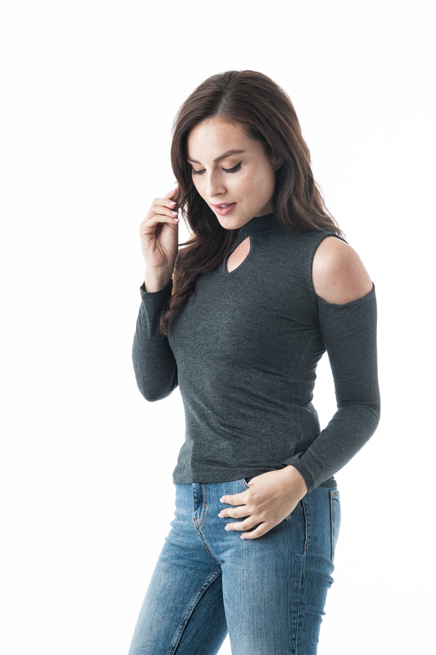 Plain Long Sleeve Open Cold Shoulder Key Hole Mock Neck Top