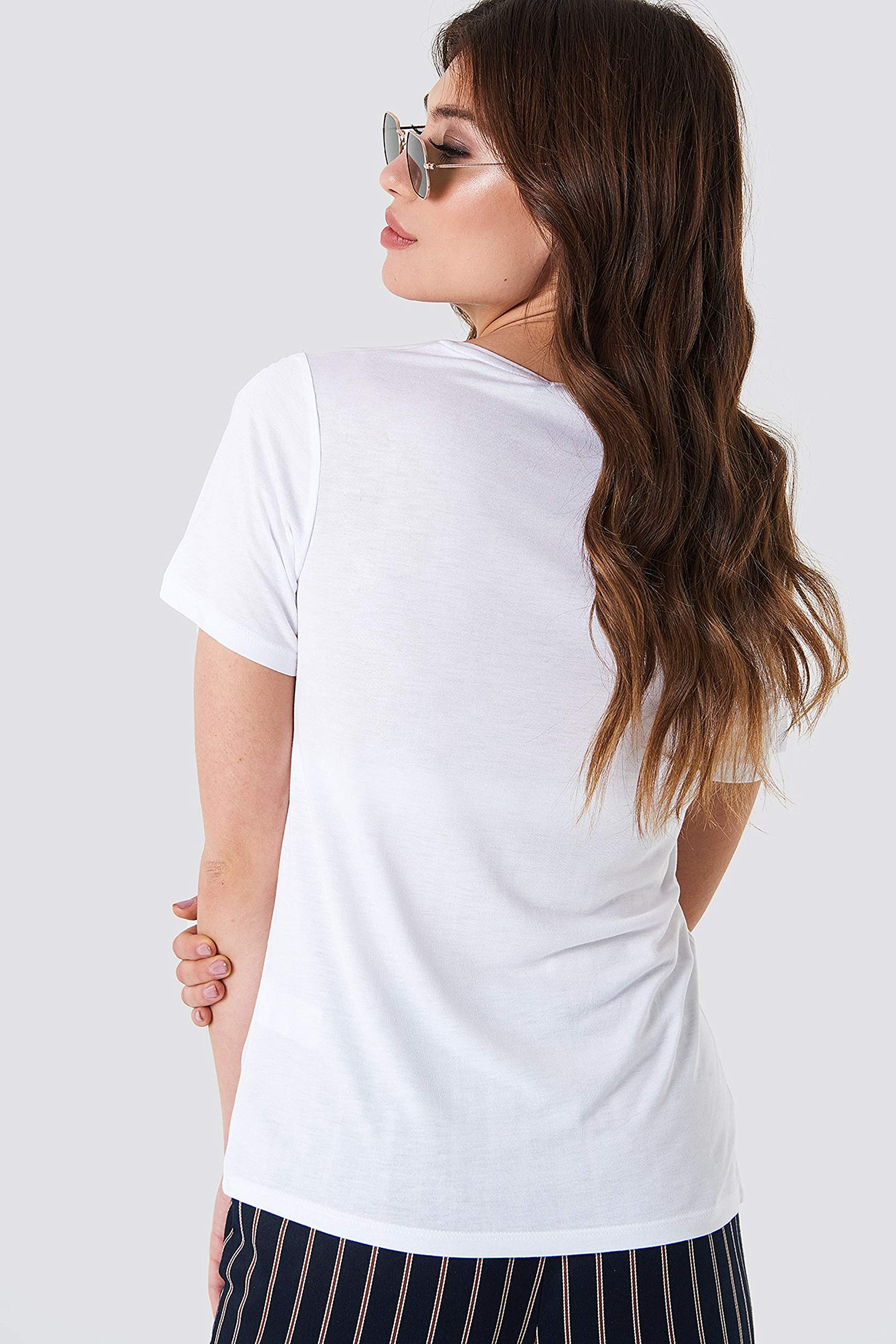 Khanomak Women's Short Sleeve Plain Casual Basic Tee Cotton V Neck Regular Fit T-Shirt Tops