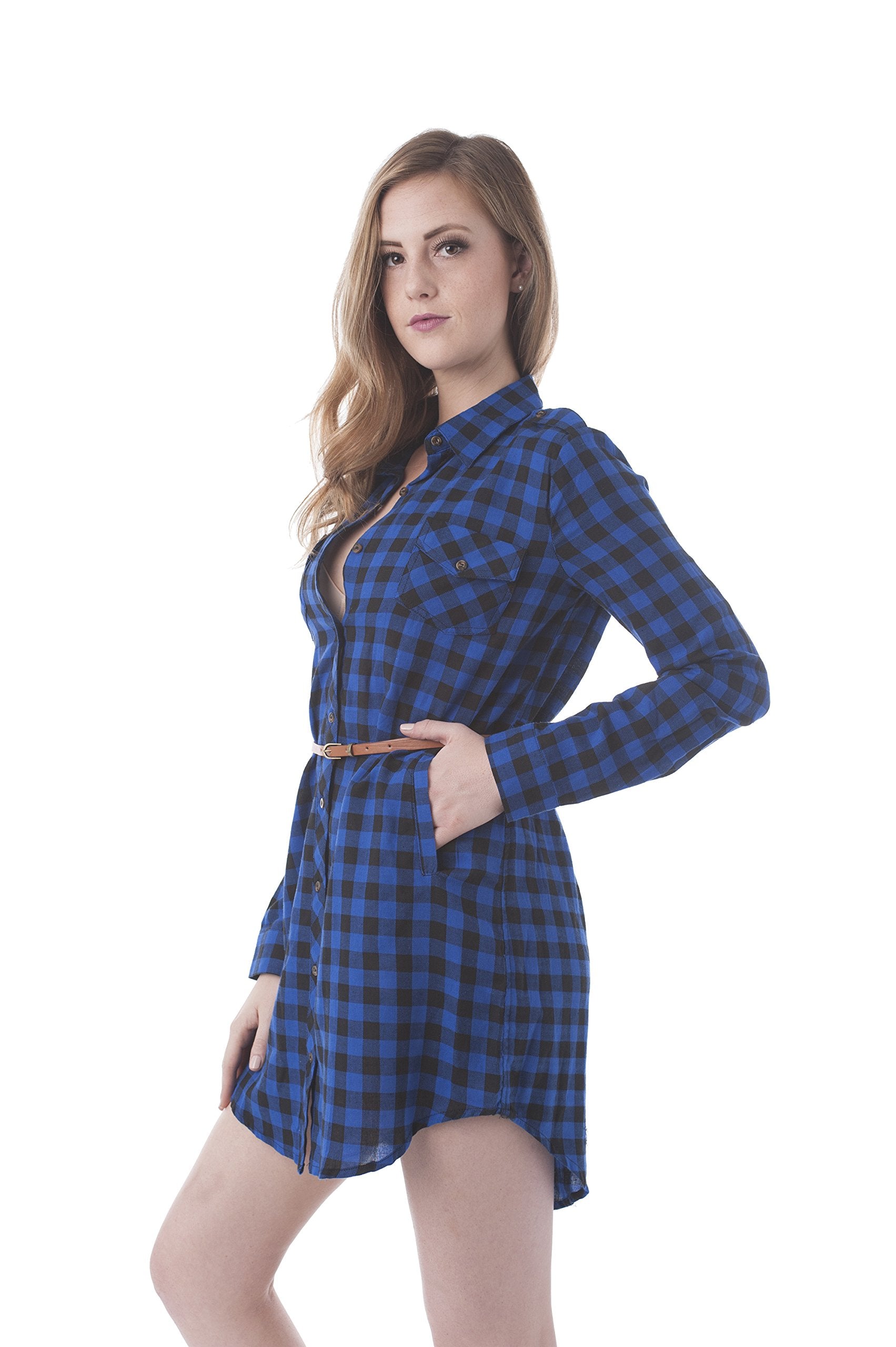 Khanomak Long Sleeve Belted Checkered Shirt Dress