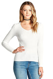 Khanomak Plain Solid Stretch Fitted Long Sleeve V Neck Ribbed Knit Lightweight Sweater Top