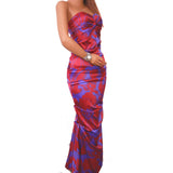Rubber Ducky Women's Eva Longoria's Dress Print Long Full Evening Strapless Stretchy (Medium, Purple & Red Pattern)