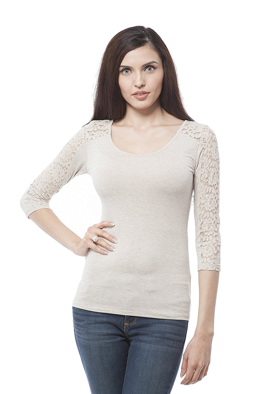 Hollywood Star Fashion Crepe Span Top With Lace Contrast On Sleeve