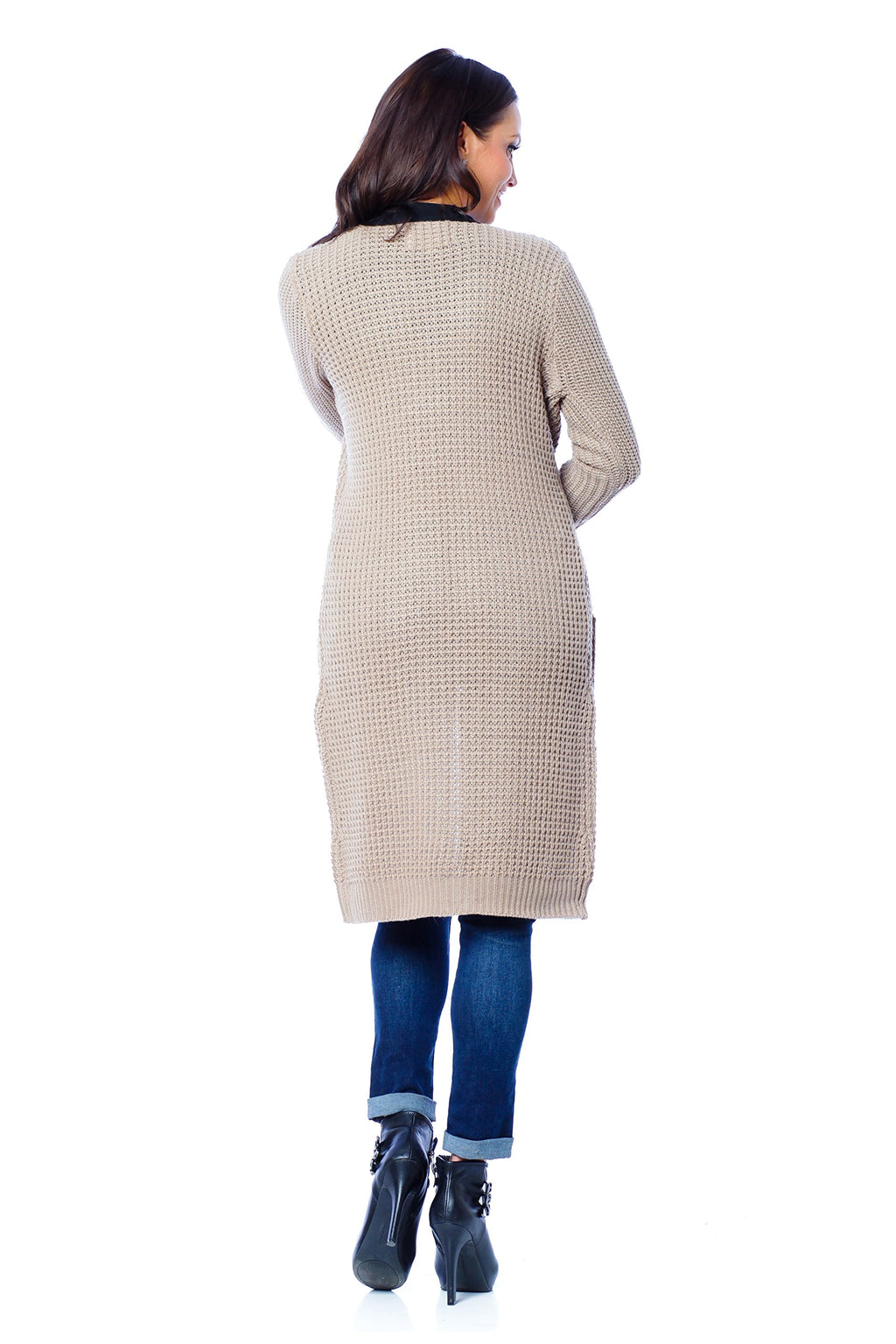 Waffle Knit Long Cardigan Sweater With Pockets