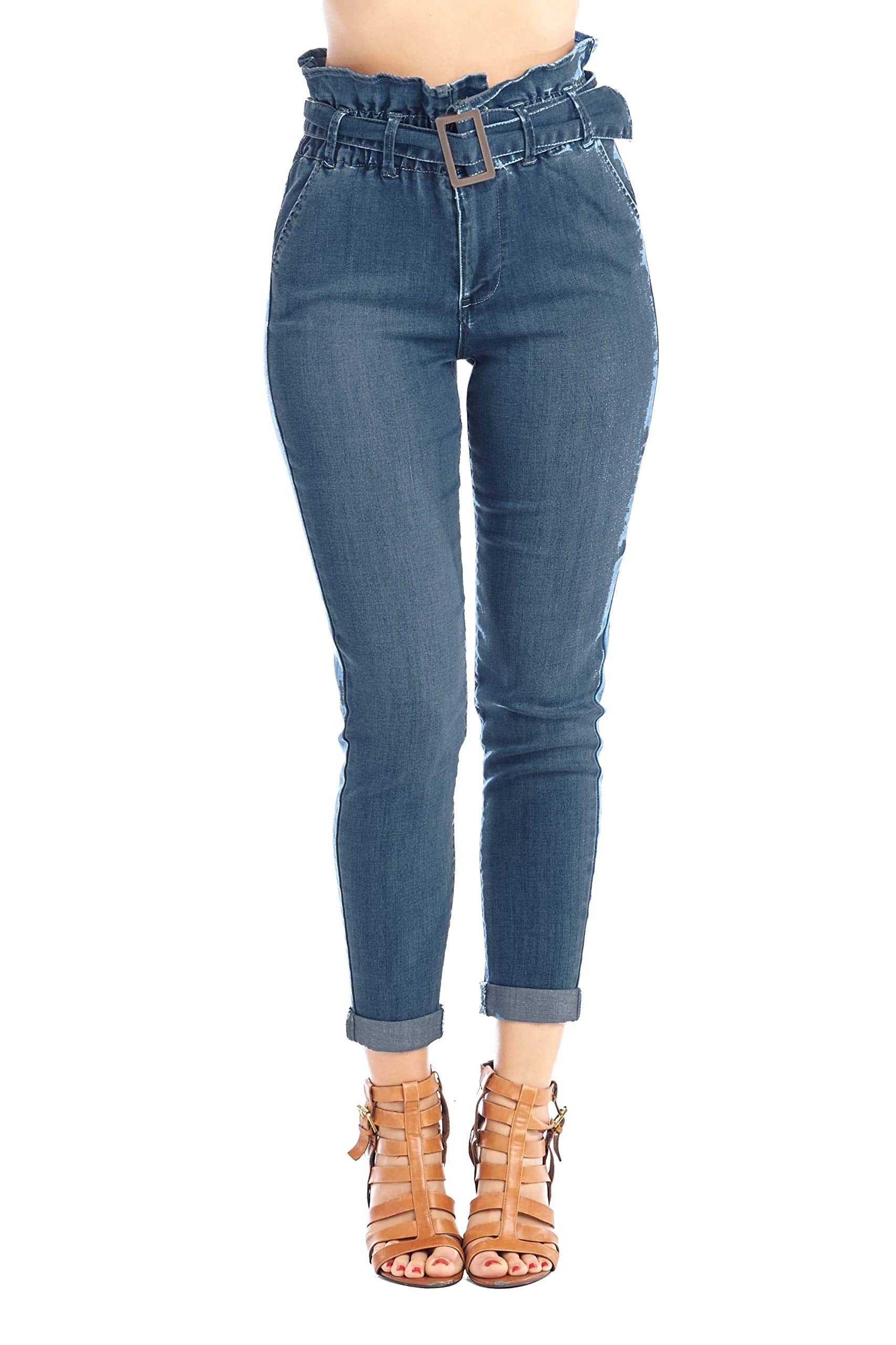 Women's High-Rise Paper Bag Elastic Belted Waist Denim Long Slim Skinny Jeans Pants