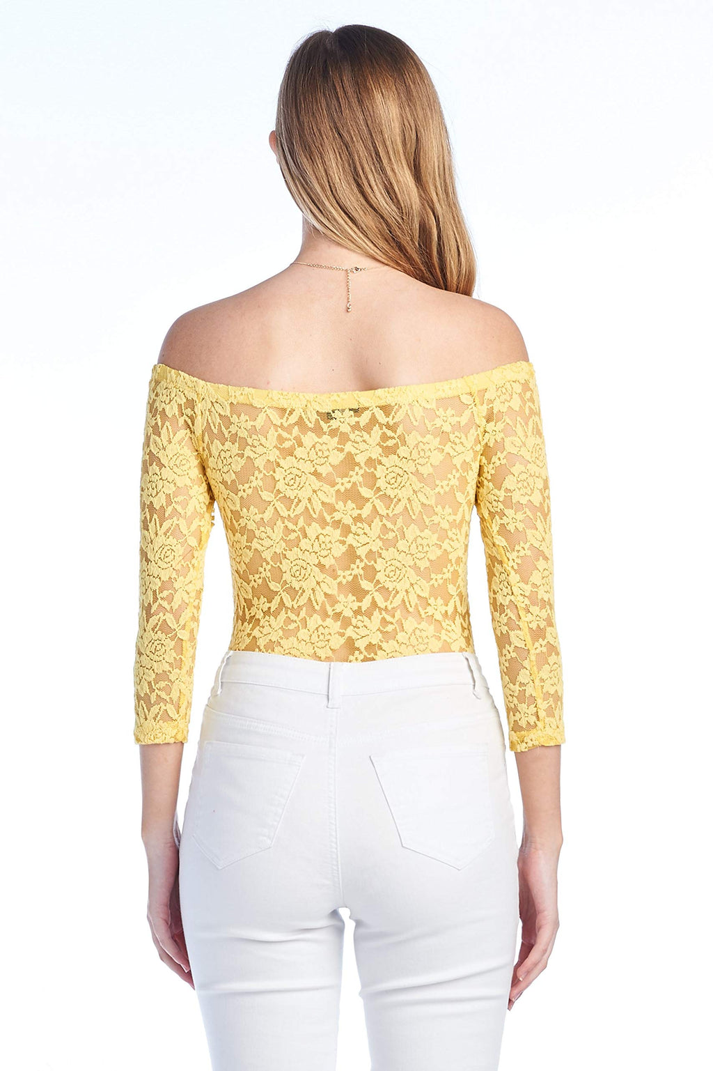 Women's 3/4 Sleeve Off Shoulder Unlined Sheer Allover Lace Bodysuit