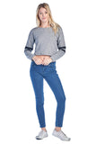 Women's Long Sleeve Crewneck Stripe Varsity Loose Fit Pullover Crop Sweater Top