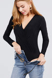 Women's Long Sleeve V Neck Wrap Front Cross over Bodysuit