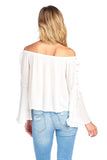 Elasticized Off Shoulder Long Trumpet Lace-Up Self-Tie Cuff Sleeve Flowy Top