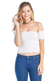 Women's Short Sleeve Off Shoulder Smoked Stretch Bandeau Tube Crop Top