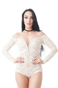 Khanomak Long Sleeve Deep V Neck Lace Mesh Illusion Bodysuit
