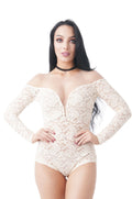Khanomak Long Sleeve Deep V Neck Lace Mesh Illusion Bodysuit
