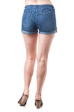 Elastic Waist Cuffed Hem Solid Plain Denim Chambray Shorts