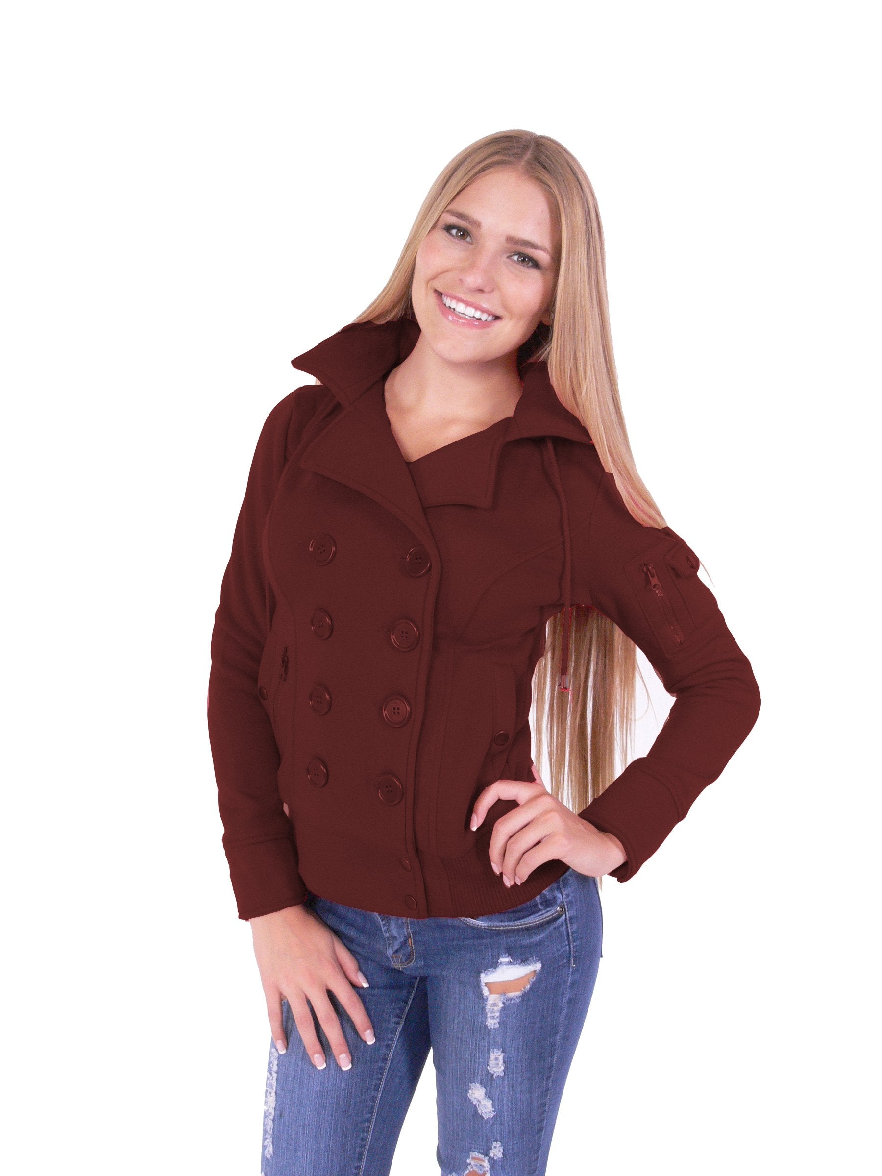 Fleece Double Breast Bomber Coat with Hoodie Jacket Four Buttons Style (M, Camel)