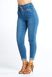 Women's High-Rise Paper Bag Elastic Belted Waist Denim Long Slim Skinny Jeans Pants