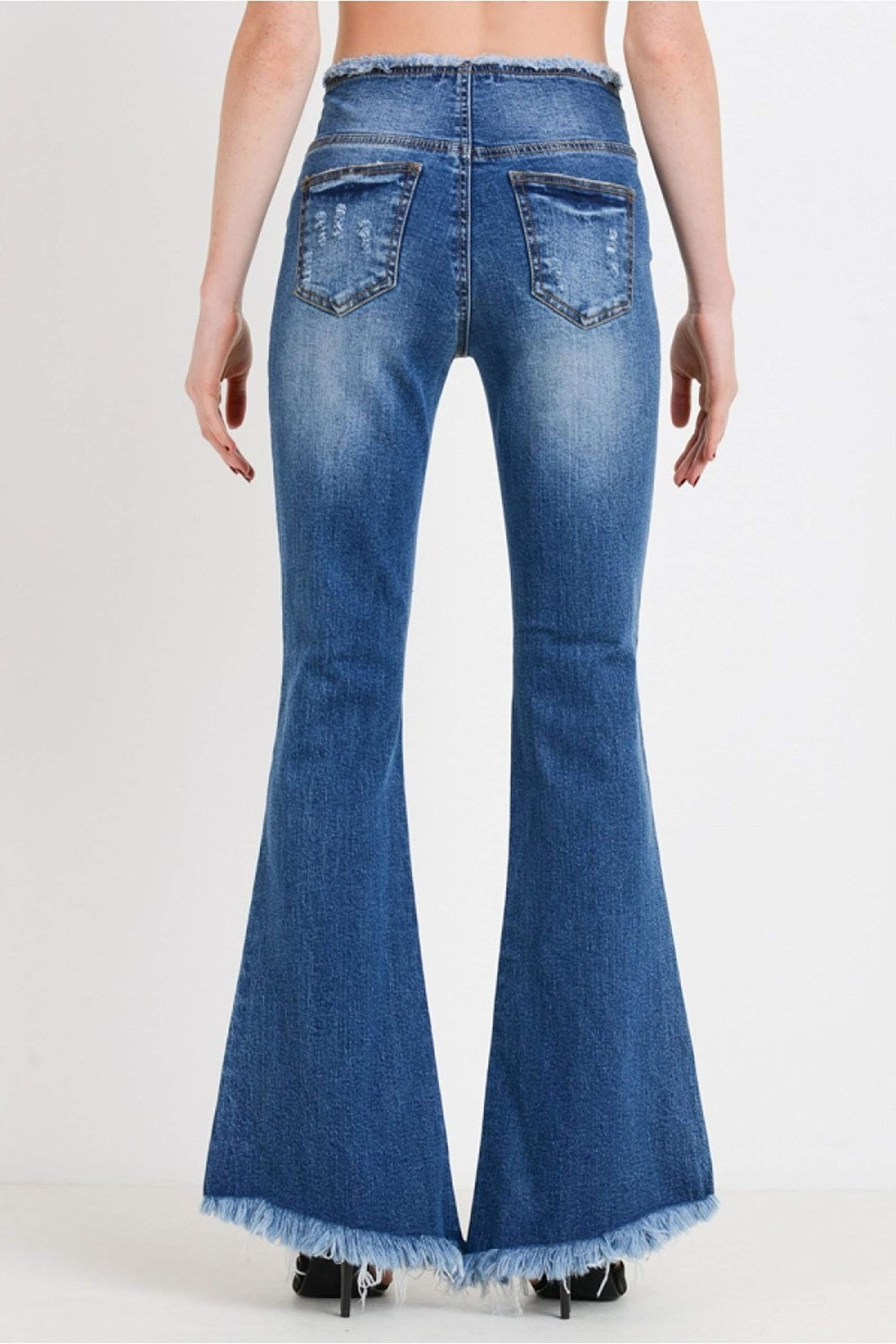 Khanomak Women's High Rise Stretch Zip Button Front Frayed Hem Flare Denim Jeans