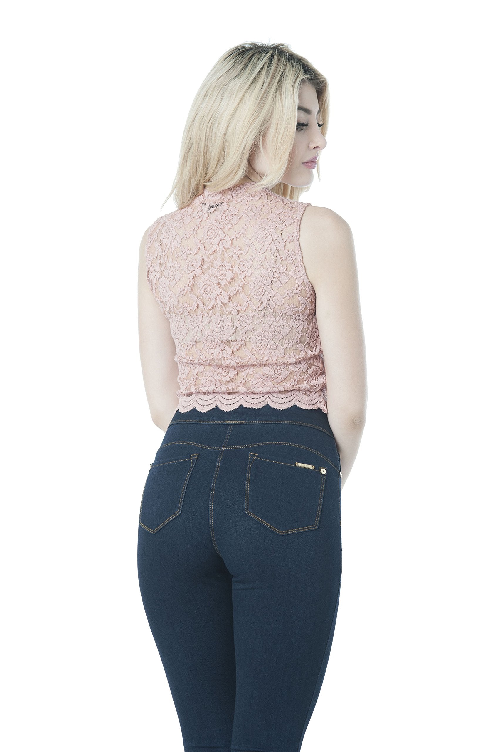 Khanomak Sleeveless Lace Sheer Mock Neck Crop Top