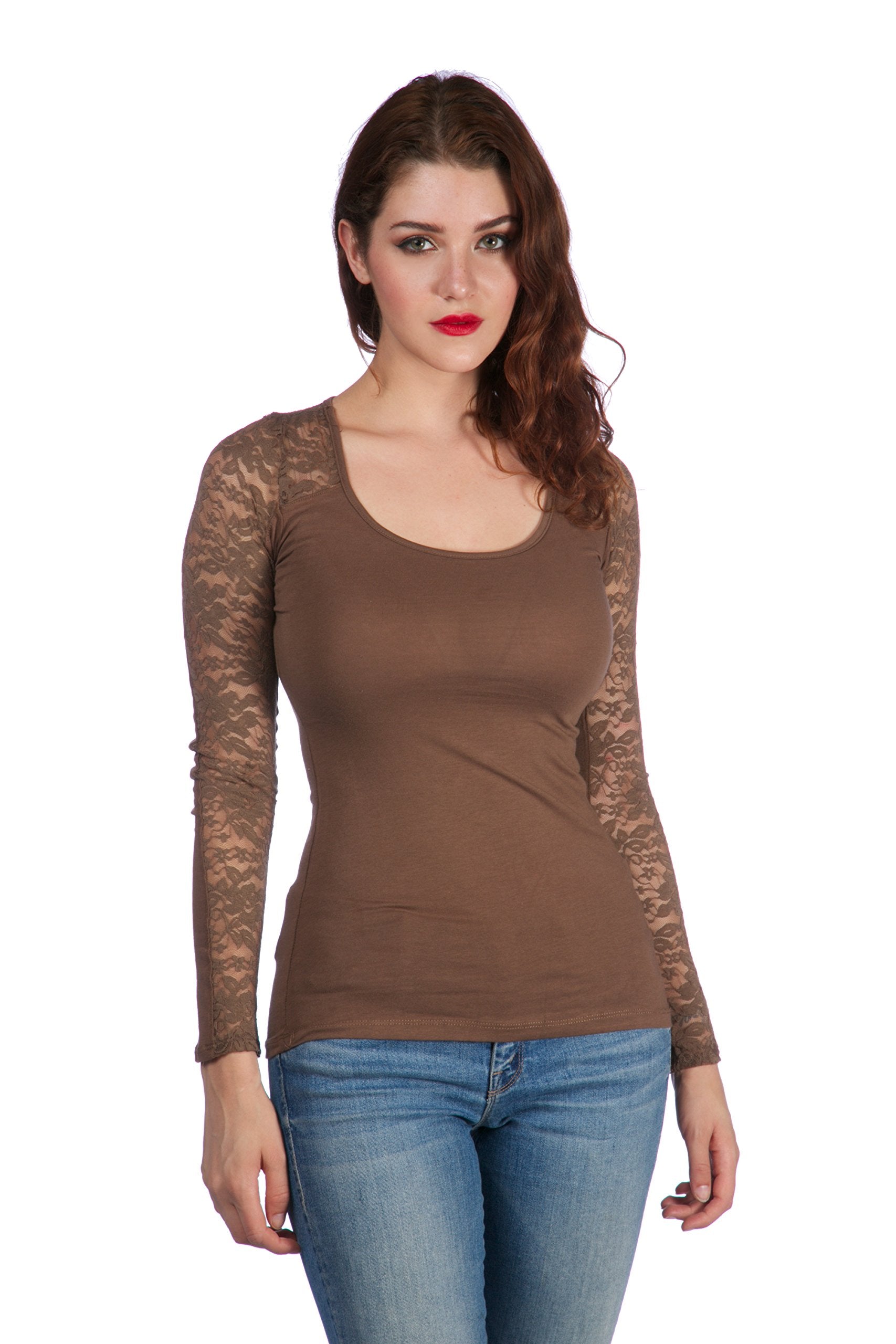 Long sleeve top with lace insert on sleeves and back yoke Plus Size