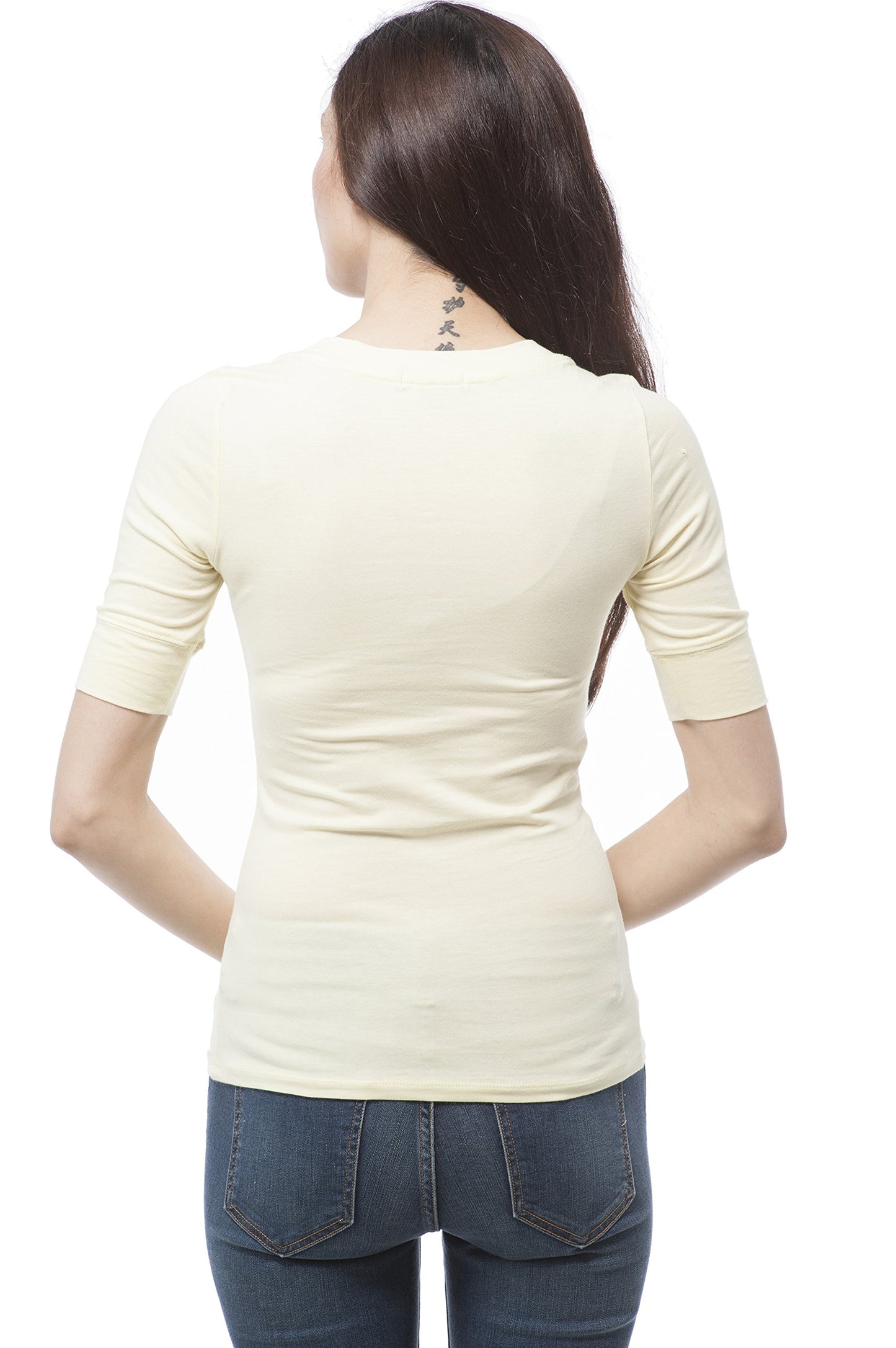 Hollywood Star Fashion Women's Plain Basic Elbow Length Sleeves V Neck Top Fitted Shirt1