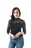 Women's 3/4 Sleeve Illusion Lined Lace Mock Neck Keyhole Cutout Back Top