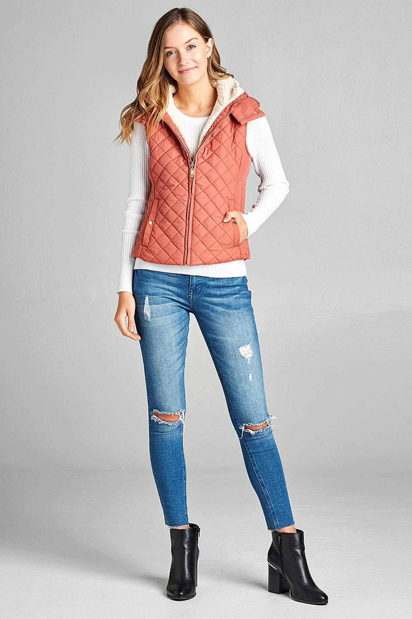 Khanomak Women's Shearling Lined Quilted Padding Hoodie Vest