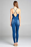 Women's Plunging V Neck Cami With Back Cross Strap Denim Jumpsuit