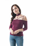 3/4 Sleeve Open Off The Shoulder Strappy Choker Neckline Top