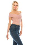 Women's Casual Cross Off Shoulder Deep V Neck Ribbed Knit Slim Wrap Short Sleeves Cross Over Crop Top