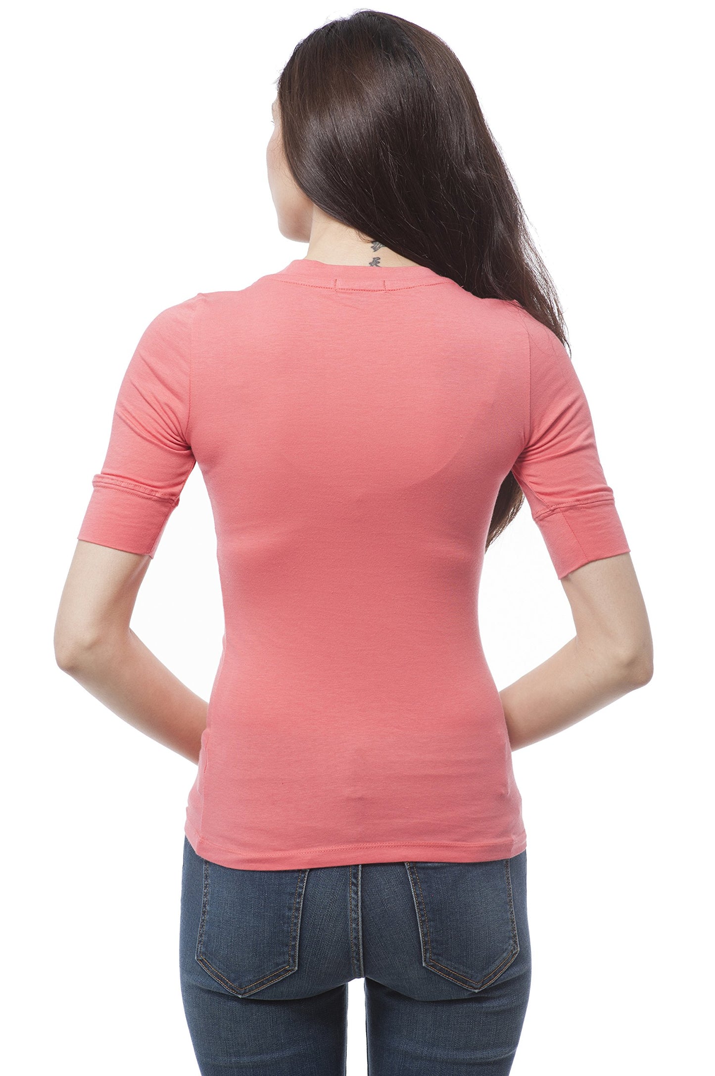 Hollywood Star Fashion Women's Plain Basic Elbow Length Sleeves V Neck Top Fitted Shirt