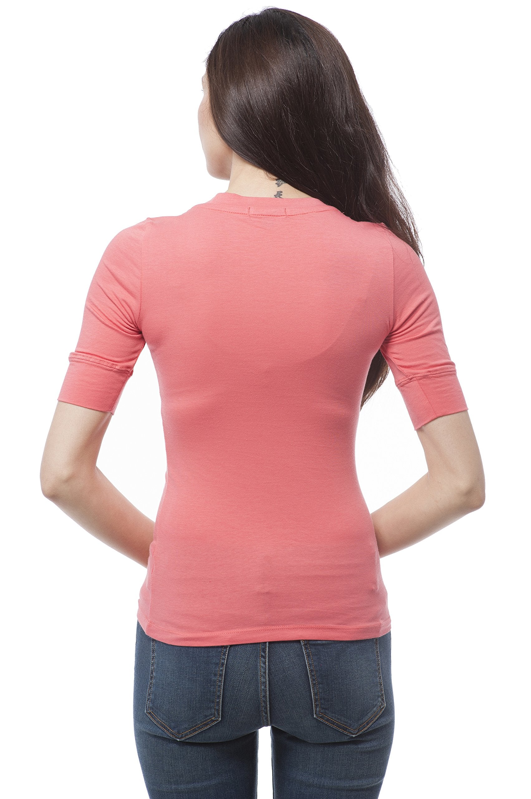 Hollywood Star Fashion Women's Plain Basic Elbow Length Sleeves V Neck Top Fitted Shirt1