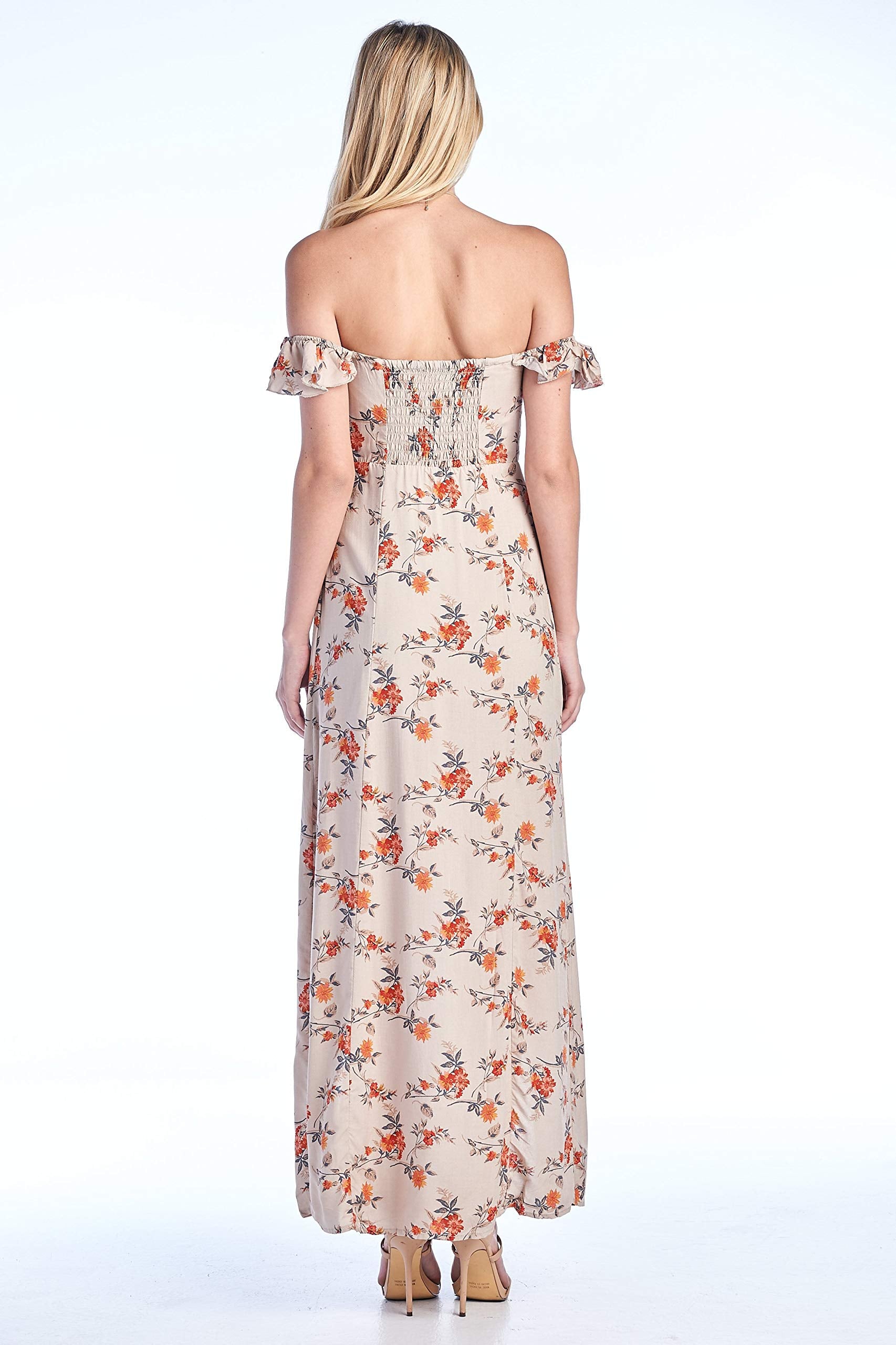 Women's Ruffle Straps Tube Off Shoulder Long Floral Print Slit Smocked Back Maxi Dress