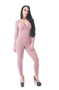 Long Sleeve Ribbed V Neck Button Up Jumpsuit
