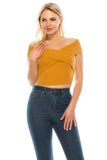 Women's Casual Cross Off Shoulder Deep V Neck Ribbed Knit Slim Wrap Short Sleeves Cross Over Crop Top